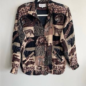 Vintage 90s Women’s 100% Silk Tiger Leopard and Lion Puffer Jacket